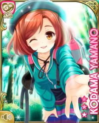 Rule 34 | 1girl, backpack, bag, brown eyes, brown hair, card, character name, day, forest, girlfriend (kari), hat, hiking, jacket, leaning forward, nature, official art, one eye closed, open mouth, outdoors, outstretched arm, qp:flapper, reaching, reaching towards viewer, shirt, shorts, smile, solo, standing, striped legwear, tagme, yamano kodama, yellow shirt