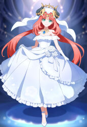Rule 34 | 1girl, alternate costume, bare shoulders, bride, commentary, dress, fake horns, flower, genshin impact, gloves, green eyes, highres, horns, long hair, looking at viewer, nahato, nilou (genshin impact), red hair, rose, smile, solo, strapless, strapless dress, twintails, veil, very long hair, wedding dress, white dress, white flower, white footwear, white gloves, white rose