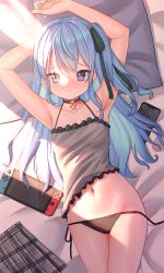Rule 34 | 1girl, absurdres, arms up, black panties, blue eyes, blue hair, camisole, cellphone, closed mouth, highres, hololive, hoshimachi suisei, lying, nintendo switch, on back, on bed, panties, phone, ray peng, skirt, unworn skirt, smartphone, solo, star (symbol), star in eye, symbol in eye, underwear, virtual youtuber