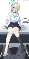 Rule 34 | 1boy, 2girls, absurdres, arm support, asuna (blue archive), barefoot, black choker, black socks, blonde hair, blue archive, blue bow, blue bowtie, blue eyes, blue nails, blue ribbon, blue skirt, blush, bow, bowtie, breasts, chair, choker, clenched teeth, collarbone, dorsiflexion, eyelashes, feet, full body, grey pants, hair over one eye, hair ribbon, halo, highres, knees together feet apart, large breasts, legs, long hair, long sleeves, mentha, miniskirt, multiple girls, nail polish, no shoes, office chair, out of frame, pants, parted bangs, pixiv id, pov, purple hair, ribbon, sensei (blue archive), shadow, shirt, sidelocks, simple background, single sock, sitting, sitting on table, skirt, sleeves rolled up, socks, swivel chair, teeth, thighs, toenails, toes, twitter username, white background, white shirt, yuuka (blue archive)
