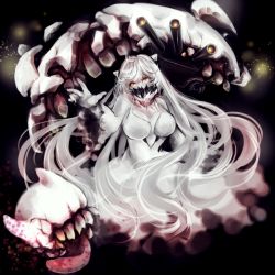 Rule 34 | 10s, 1girl, abyssal ship, ahoge, asato y, bad id, bad pixiv id, bare shoulders, black nails, breasts, cleavage, collarbone, colored skin, covered mouth, dress, eyelashes, kantai collection, large breasts, light particles, long hair, long sleeves, midway princess, nail polish, solo, turret, veins, very long hair, white dress, white eyes, white hair, white skin