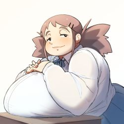 Rule 34 | 1girl, breast rest, breasts, brown hair, dasan242, fat, half-closed eyes, highres, huge breasts, original, shirt, shoes, short twintails, smile, solo, twintails