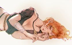 Rule 34 | 1girl, absurdres, bandaged arm, bandages, belt, belt buckle, breasts, brown belt, buckle, cleavage, closed mouth, facial mark, final fantasy, final fantasy xiv, fordola rem lupis, forehead mark, green eyes, highres, kuroimori, lips, looking at viewer, lying, on side, orange hair, pink lips, short hair, solo