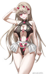 Rule 34 | 1girl, absurdres, bare shoulders, black collar, blush, breasts, cameltoe, chain, cleft of venus, clothes writing, collar, ekuskarma, goddess of victory: nikke, hair intakes, highres, horns, jacket, large breasts, light brown hair, long hair, navel, one-piece swimsuit, one eye closed, pink horns, red eyes, sidelocks, simple background, solo, swimsuit, thighs, twitter username, two-sided fabric, very long hair, viper (nikke), white background, white jacket