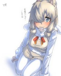Rule 34 | 1girl, alpaca ears, alpaca suri (kemono friends), animal ear fluff, animal ears, bad id, bad pixiv id, blonde hair, blue eyes, commentary request, condom, condom in mouth, condom wrapper, extra ears, fur-trimmed sleeves, fur collar, fur trim, hair bun, hair over one eye, highres, horizontal pupils, kemono friends, pantyhose under shorts, long sleeves, looking at viewer, medium hair, mouth hold, pantyhose, shorts, simple background, single hair bun, solo, thin (suzuneya), translation request, white background, white pantyhose