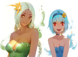 Rule 34 | 2girls, aqua hair, arms at sides, bare arms, bare shoulders, blue dress, blue hairband, braid, breasts, cleavage, closed mouth, collarbone, dark-skinned female, dark skin, dress, female focus, flower, green dress, green hair, hair flower, hair ornament, hairband, happy, highres, hu dako, jewelry, lips, long hair, looking at viewer, low twin braids, medium breasts, multiple girls, neck, necklace, open mouth, orange eyes, orange flower, original, red eyes, round teeth, shade, short hair, side-by-side, small breasts, smile, strapless, strapless dress, teeth, twin braids, upper body, upper teeth only, v arms, white background