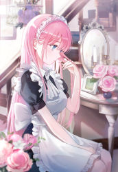 Rule 34 | 1girl, adjusting hair, apron, black dress, blue eyes, blurry, blurry background, blush, chair, closed mouth, dress, expressionless, flower, hand in own hair, hand up, highres, indoors, iren lovel, long hair, looking down, maid, maid apron, maid headdress, mirror, original, pink flower, pink hair, pink rose, rose, short dress, sitting, solo, stairs, table, white apron, white headwear