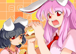 Rule 34 | 2girls, animal ears, bacon, bad id, bad pixiv id, black hair, burger, chips (food), eating, egg (food), female focus, food, french fries, fried egg, holding, inaba tewi, long hair, multiple girls, necktie, open mouth, outline, pink hair, rabbit ears, red eyes, red necktie, reisen udongein inaba, shirt, short hair, suzu (suzuko), touhou, white shirt