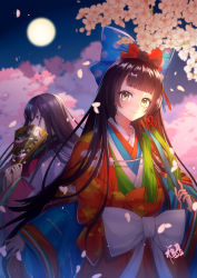Rule 34 | 2girls, black hair, bow, cherry blossoms, fate/grand order, fate (series), full moon, gogatsu fukuin, hair bow, hand fan, highres, japanese clothes, kimono, layered clothes, layered kimono, long hair, moon, multiple girls, murasaki shikibu (fate), murasaki shikibu (third ascension) (fate), night, sei shounagon (fate), sei shounagon (third ascension) (fate), signature, smile, very long hair