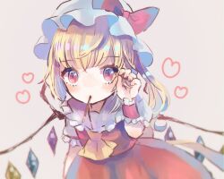 Rule 34 | 1girl, ascot, bat wings, blonde hair, crystal, eating, flandre scarlet, food, hat, hat ribbon, hiyuu (hiyualice), mob cap, multicolored wings, one side up, pocky, pocky day, puffy short sleeves, puffy sleeves, red eyes, red vest, ribbon, short sleeves, side ponytail, skirt, skirt set, solo, star (symbol), touhou, vest, white hat, wings, yellow ascot