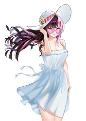 Rule 34 | 1girl, bare shoulders, black hair, breasts, cleavage, collarbone, dress, eokkn, eyeshadow, female focus, hair ornament, hat, highres, holding, holding clothes, holding hat, long hair, looking at viewer, makeup, multicolored hair, nail polish, nijisanji, pink-tinted eyewear, pink-tinted glasses, pink hair, purple hair, red hair, simple background, sleeveless, solo, sundress, sunglasses, tagme, thighs, tinted eyewear, white background, white dress, white hat, yorumi rena