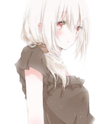 Rule 34 | 1girl, albino, arm at side, black shirt, blouse, blush, from side, hair between eyes, hair over shoulder, hiro (hirohiro31), looking at viewer, low ponytail, original, parted lips, red eyes, shirt, side ponytail, sidelocks, simple background, solo, white background, white hair