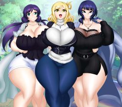 Rule 34 | 3girls, absurdres, asaka karin, black dress, blonde hair, blue hair, blue legwear, blue pants, breasts, cleavage, closed mouth, collarbone, cowboy shot, day, dress, forest, green eyes, grin, highres, jacket, kyelyn, large breasts, long hair, long sleeves, looking at viewer, love live!, love live! nijigasaki high school idol club, love live! school idol project, love live! sunshine!!, matching hair/eyes, multiple girls, nature, off shoulder, ohara mari, open mouth, outdoors, pants, purple hair, shirt, short hair, shorts, smile, standing, thick thighs, thighs, tojo nozomi, tree, turtleneck, twintails, white shirt, white shorts, yellow eyes