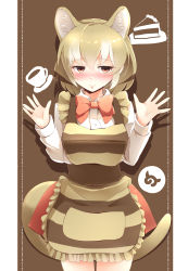 Rule 34 | 10s, 1girl, absurdres, apron, blonde hair, blush, bow, bowtie, brown background, brown eyes, collared shirt, cowboy shot, empty eyes, extra ears, hair between eyes, hands up, highres, japari symbol, kanzakietc, kemono friends, long sleeves, looking at viewer, multicolored hair, shirt, simple background, smile, solo, striped apron, striped clothes, thylacine (kemono friends), thylacine ears, thylacine tail, white hair, white shirt