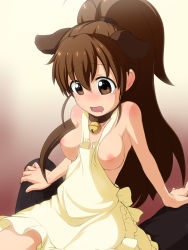 Rule 34 | 1girl, animal ears, apron, bad id, bad pixiv id, bell, between breasts, breasts, brown eyes, brown hair, clothes between breasts, collar, dog ears, gradient background, highres, long hair, naked apron, neck bell, nipples, ponytail, small breasts, solo, takeda yukimura, taneshima popura, tears, wardrobe malfunction, working!!