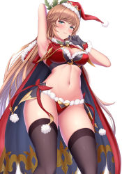 Rule 34 | 1girl, absurdres, bare shoulders, bikini, black thighhighs, blush, breasts, cape, cleavage, fur-trimmed bikini, fur trim, gloves, granblue fantasy, green eyes, highres, large breasts, light brown hair, long hair, looking at viewer, melopun, navel, promethea (granblue fantasy), red cape, santa bikini, simple background, swimsuit, thighhighs, thighs, white background
