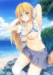 Rule 34 | + +, 1girl, arms up, bag, beach, bikini, bikini top lift, blonde hair, blush, breast slip, breasts, chain, clothes lift, clothes pull, day, elbow gloves, female focus, frown, gloves, handbag, homu (seven deadly sins), large breasts, leaf, long hair, looking at viewer, navel, nipples, o-ring, o-ring top, ocean, one breast out, open clothes, open shirt, outdoors, rock, sand, school uniform, shirt, shokuhou misaki, side-tie bikini bottom, skirt, skirt pull, sky, solo, standing, striped bikini, striped clothes, sweat, swimsuit, symbol-shaped pupils, thighhighs, toaru kagaku no railgun, toaru majutsu no index, underboob, wardrobe malfunction, water, white gloves, white thighhighs, yellow eyes