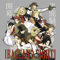 Rule 34 | 00s, 5girls, 6+boys, :d, armpits, arms up, baccano!, bare shoulders, black dress, black gloves, blonde hair, breasts, chane laforet, claire stanfield, cleavage, collarbone, dagger, dress, elmer albatross, ennis, everyone, eyepatch, fighting stance, firo prochainezo, formal, gloves, grey background, holding, holding weapon, huey laforet, isaac dian, jacuzzi splot, knife, looking at viewer, lowres, maiza avaro, miria harvent, multiple boys, multiple girls, nice holystone, open mouth, outstretched arms, pointing, riza laforet, short hair, simple background, sleeveless, sleeveless dress, smile, suit, sundress, text focus, weapon, white dress