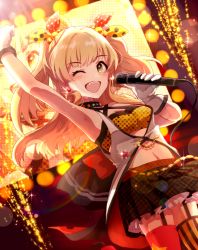 Rule 34 | 1girl, ;d, anaroguya, arm up, armpits, asymmetrical legwear, black skirt, blonde hair, bow, breasts, cleavage, dutch angle, earrings, fang, floating hair, garter straps, gloves, hair bow, highres, holding, holding microphone, idol, idolmaster, idolmaster cinderella girls, jewelry, jougasaki rika, layered skirt, lens flare, long hair, microphone, midriff, miniskirt, navel, one eye closed, open mouth, pleated skirt, polka dot, polka dot bow, print thighhighs, red bow, red thighhighs, skirt, small breasts, smile, solo, sparkle, stage, standing, star (symbol), star print, stomach, striped clothes, striped thighhighs, thighhighs, twintails, two side up, uneven legwear, vertical-striped clothes, vertical-striped thighhighs, very long hair, white gloves, white polka dots, yellow bow, yellow eyes, zettai ryouiki