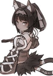 1girl animal_ear_fluff animal_ears bare_shoulders bell breasts cat_ears cat_tail dark-skinned_female dark_skin detached_sleeves greyscale hair_ribbon hairband highres jingle_bell long_hair looking_at_viewer looking_back monochrome neck_bell nekomiya_mana nosuku ponytail ribbon shirt sleeveless sleeveless_shirt small_breasts solo tail weapon zenless_zone_zero