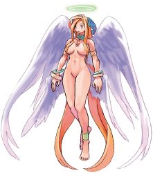 Rule 34 | 1girl, absurdly long hair, anklet, barefoot, breasts, collar, feet, full body, halo, jewelry, la pucelle, large breasts, long hair, nipples, nude, orange hair, poitreene, ryoji (nomura ryouji), simple background, solo, standing, very long hair, white background, wings