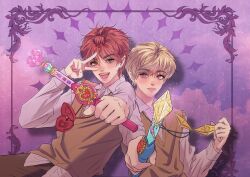 2boys blonde_hair chocolat_meilleure commentary_request diamond_(shape) genderswap genderswap_(ftm) green_eyes heart_pendant holding holding_wand jewelry korean_commentary looking_at_viewer male_focus multiple_boys orange_hair pendant purple_eyes seongye_0 shirt short_hair smile sugar_sugar_rune v vanilla_mieux wand white_shirt