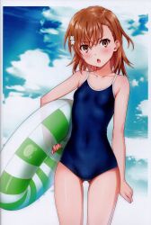 Rule 34 | 1girl, absurdres, bare shoulders, blue sky, blush, breasts, brown eyes, brown hair, cloud, cloudy sky, collarbone, day, female focus, hair ornament, highres, holding, innertube, isshi pyuma, looking at viewer, medium hair, misaka mikoto, one-piece swimsuit, open mouth, outdoors, scan, sky, small breasts, solo, standing, swim ring, swimsuit, toaru kagaku no railgun, toaru majutsu no index