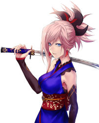 Rule 34 | 1girl, applekun, blue eyes, blue kimono, blush, breasts, cleavage, detached sleeves, earrings, fate/grand order, fate (series), hair ornament, highres, holding, holding sword, holding weapon, japanese clothes, jewelry, katana, kimono, looking at viewer, medium breasts, miyamoto musashi (fate), miyamoto musashi (first ascension) (fate), pink hair, ponytail, sash, simple background, solo, standing, sword, upper body, weapon, white background