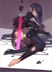 Rule 34 | 1girl, artist request, ass, bad id, bad pixiv id, barefoot, black gloves, black hair, black pantyhose, boots, breasts, cleavage, cleavage cutout, closed mouth, clothing cutout, energy sword, full body, gloves, hair over one eye, headgear, high heel boots, high heels, iron saga, large breasts, long hair, looking at viewer, lying, mole, mole on breast, oboro (iron saga), on side, pantyhose, red eyes, single boot, solo, sword, thigh boots, thighhighs, torn boots, torn clothes, torn legwear, very long hair, weapon