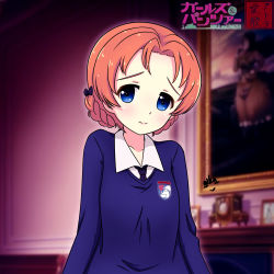 Rule 34 | 1girl, aikazilla, artist logo, artist name, black bow, black necktie, blue eyes, blue sweater, blurry, blurry background, bow, braid, closed mouth, commentary, copyright name, dress shirt, emblem, frown, girls und panzer, hair bow, highres, indoors, long sleeves, looking at viewer, necktie, orange hair, orange pekoe (girls und panzer), original, painting (object), parted bangs, school uniform, shirt, short hair, signature, solo, st. gloriana&#039;s (emblem), st. gloriana&#039;s school uniform, sweater, twin braids, upper body, v-neck, white shirt, wing collar
