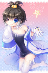Rule 34 | &gt; o, 1girl, armpits, bell, black hair, blue eyes, blush, bow, cross, gloves, hands in opposite sleeves, jacket, leg up, lowres, one eye closed, ratise, ribbon, short hair, sleeves past wrists, solo, soma (sword girls), star (symbol), strapless, sword girls, thighhighs, tongue, tongue out, v-shaped eyebrows, white thighhighs, wink