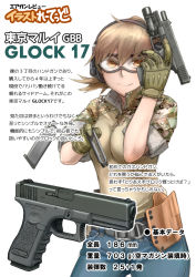 Rule 34 | 1girl, airsoft review illustrated, blonde hair, breasts, brown eyes, didloaded, ear protection, earmuffs, eye protectors, flashlight, glock, glock ges.m.b.h., gloves, gun, handgun, headset, information sheet, iron sights, japanese text, light, magazine (weapon), microphone, original, pistol, polygonal rifling, safety glasses, sidearm, tactical light, text focus, toy gun, translation request, weapon, weapon focus, weapon profile