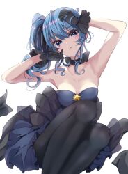 1girl alternate_costume arms_up black_choker black_gloves black_pantyhose blue_dress blue_eyes blue_hair breasts choker cleavage commentary double-parted_bangs dress frilled_dress frills gloves hair_ribbon hololive hoshimachi_suisei long_hair looking_at_viewer medium_breasts pantyhose parted_lips ribbon ribbon_choker sasai_tuki short_dress side_ponytail sidelocks simple_background solo star_(symbol) star_in_eye symbol-only_commentary symbol_in_eye virtual_youtuber white_background