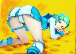 Rule 34 | 00s, 1girl, all fours, aqua footwear, aqua panties, artist name, ass, bent over, blue hair, boots, breasts, closed mouth, eureka (eureka seven), eureka seven, eureka seven (series), eyebrows, female focus, from behind, hair ornament, hairclip, highres, knee boots, kobayashi yuji, lingerie, looking at viewer, looking back, nose, panties, pantyshot, red eyes, short hair, simple background, solo, swept bangs, thigh strap, thighs, top-down bottom-up, underwear