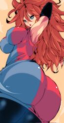 Rule 34 | 1girl, android, android 21, armpits, ass, blue eyes, breasts, brown hair, checkered clothes, checkered dress, covered erect nipples, detached sleeves, dragon ball, dragon ball fighterz, dress, earrings, female focus, hair between eyes, highres, hoop earrings, huge ass, jewelry, kinakomochi (user vedc2333), large breasts, long hair, looking at viewer, open mouth, pantyhose, signature, solo, teeth, tongue, upper teeth only, very long hair