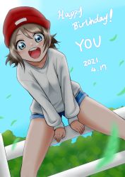 Rule 34 | 1girl, absurdres, aqua eyes, artist name, artist request, bare legs, beanie, blue eyes, blue pants, blue shorts, blue sky, blush, breasts, brown hair, cloud, day, denim, denim shorts, female focus, green leaf, grey hair, hair between eyes, hair ornament, hat, highres, leaf, light brown hair, long sleeves, looking at viewer, love live!, love live! school idol festival, love live! sunshine!!, outdoors, pants, parted lips, red hat, shirt, short hair, short shorts, shorts, sky, small breasts, smile, solo, sweater, watanabe you, white sweater