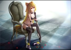 Rule 34 | 00s, 1girl, black bow, black bowtie, black bra, black panties, black thighhighs, blonde hair, bow, bowtie, bra, chair, collarbone, dungeon and fighter, english text, full body, gloves, hair bow, high heels, lingerie, long hair, md5 mismatch, panties, ponytail, red eyes, shoes, single shoe, sitting, solo, thighhighs, underwear, wangchuan de quanyan