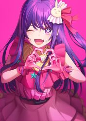 Rule 34 | 1girl, :d, absurdres, blush, commentary, dress, fang, gloves, hair ornament, hair ribbon, hands up, heart, heart hands, highres, hoshino ai (oshi no ko), idol, long hair, looking at viewer, one eye closed, open mouth, oshi no ko, pink background, pink dress, pink gloves, purple eyes, purple hair, rabbit hair ornament, ribbon, simple background, skin fang, sleeveless, sleeveless dress, smile, solo, sora (men0105), star-shaped pupils, star (symbol), symbol-shaped pupils