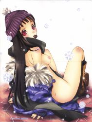 Rule 34 | 1girl, beanie, black hair, body blush, boots, breasts, chocolate, coat, hat, highres, kneehighs, long hair, looking at viewer, looking back, mouth hold, red eyes, sakuraniku umatarou, scan, scarf, sitting, small breasts, snow, snowflakes, socks, solo, striped clothes, striped scarf