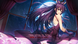 Rule 34 | 1girl, :d, artist name, backlighting, bare shoulders, blush, bow, breasts, bright pupils, character name, copyright name, cowboy shot, curtains, date a live, dress, elbow gloves, from behind, full moon, gloves, hair bow, happy birthday, high ponytail, highres, indoors, long hair, looking at viewer, looking back, medium breasts, moon, moonlight, multicolored eyes, night, night sky, open mouth, petticoat, purple bow, purple dress, purple eyes, purple gloves, shoulder blades, skirt hold, sky, smile, sparkle, standing, star (sky), starry sky, straight hair, ttheyue, very long hair, yatogami tooka