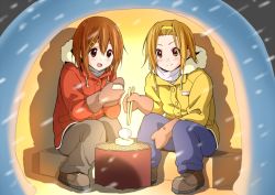 Rule 34 | 2girls, :d, blush, boots, brown eyes, brown hair, buttons, chopsticks, coat, cooking, cross-laced footwear, drawstring, dresstrip, food, full body, fur trim, glowing, grill, grilling, hair between eyes, hair ornament, hairband, hairclip, hirasawa yui, holding, hood, hood down, igloo, jacket, k-on!, light brown hair, light smile, looking down, mitten, mittens, mochi, motion blur, multiple girls, open mouth, pants, pocket, shadow, short hair, sitting, smile, snow, snow shelter, snowing, tainaka ritsu, turtleneck, wagashi, winter clothes