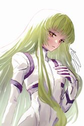 Rule 34 | 1girl, absurdres, awz (a-w-z), blush, bodysuit, breasts, brown eyes, c.c., code geass, expressionless, gloves, green hair, hand on own chest, head tilt, highres, long hair, looking at viewer, parted lips, pilot suit, small breasts, solo, upper body, very long hair, white background, white bodysuit, white gloves