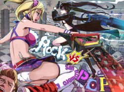Rule 34 | 10s, 1boy, 2girls, ass, bare shoulders, belt, bikini, bikini top only, black hair, black rock shooter, black rock shooter (character), blonde hair, blue eyes, breasts, brown hair, chainsaw, cheerleader, clothes lift, clothes writing, coat, couple, crop top, crossover, front-tie top, grasshopper manufacture, gun, handgun, juliet starling, large breasts, leg warmers, lipstick, lollipop chainsaw, long hair, makeup, midriff, miniskirt, multiple girls, navel, nick carlyle, open mouth, panties, revolver, running, scrunchie, severed head, shoes, shorts, sideboob, skindentation, skirt, skirt lift, sneakers, swimsuit, thighhighs, trench coat, twintails, underwear, upskirt, uzi (kei t drawing), very long hair, weapon, white legwear, white panties, wind, wind lift, wristband