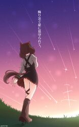 Rule 34 | 1girl, animal ears, brown hair, diphoxia scarlet, dress, gradient background, grass, highres, horse ears, horse girl, horse tail, meteor shower, nice nature (umamusume), pinafore dress, sleeveless, sleeveless dress, sunset, tail, umamusume