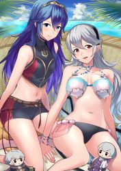 Rule 34 | ameno (a meno0), bad id, bad twitter id, barefoot, beach, bikini, blue eyes, blue hair, blush, breasts, cape, corrin (female) (fire emblem), corrin (fire emblem), fingerless gloves, fire emblem, fire emblem awakening, fire emblem cipher, fire emblem heroes, gloves, hair between eyes, hair ornament, hairband, hood, long hair, looking at viewer, lucina (fire emblem), navel, nintendo, open mouth, pointy ears, red eyes, robe, robin (fire emblem), robin (male) (fire emblem), shell, short hair, simple background, smile, stuffed toy, swimsuit, tiara, toy, water, white hair