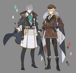 Rule 34 | 2boys, aiguillette, alhaitham (genshin impact), ascot, belt, black belt, black footwear, black pants, blonde hair, blue cape, boots, cane, cape, chain, coat, epaulettes, genshin impact, green ascot, green eyes, green necktie, grey background, grey hair, grin, hat, highres, kaveh (genshin impact), looking at viewer, military, military hat, military uniform, multiple boys, necktie, pants, papajay (jennygin2), peaked cap, red coat, red eyes, red headwear, shoes, simple background, smile, thigh strap, uniform, white coat, wing collar
