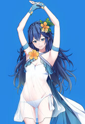 Rule 34 | 1girl, alternate costume, ameno (a meno0), bare shoulders, bikini, blue eyes, blue hair, braid, breasts, cape, crown braid, fire emblem, fire emblem awakening, gloves, long hair, looking at viewer, lucina (fire emblem), nintendo, petite, see-through, simple background, skinny, small breasts, smile, solo, swimsuit, thighs, white bikini