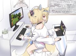 Rule 34 | animal ears, black choker, blonde hair, blue hair, blue hairband, choker, commentary, computer, cowboy shot, cropped shirt, dog ears, dog girl, dog tail, english commentary, english text, fake horns, fuwawa abyssgard, fuwawa abyssgard (1st costume), hairband, headphones, headset, highres, hololive, hololive english, horns, houshou marine, houshou marine (1st costume), indoors, keyboard (computer), laptop, long hair, long sleeves, minecraft, mococo abyssgard, mococo abyssgard (1st costume), monitor, mouse (computer), multicolored hair, open mouth, pink eyes, pink hairband, plant, playing games, potted plant, shirt, short hair, short sleeves, siblings, sisters, sitting, sitting on lap, sitting on person, smile, sobbi11, streaked hair, t-shirt, tail, twins, twitter username, virtual youtuber, white shirt