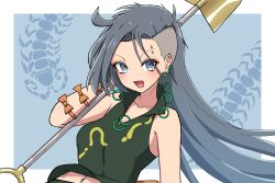 Rule 34 | 1girl, :d, alternate hairstyle, asymmetrical hair, bare shoulders, blue background, blue eyes, bow, breasts, bug, centipede, collarbone, commentary request, ear piercing, earrings, eyebrow piercing, gold, green shirt, grey hair, hand up, highres, himemushi momoyo, holding, holding shovel, jewelry, long hair, looking at viewer, medium breasts, navel piercing, open mouth, orange bow, piercing, ring, shirt, shovel, simple background, smile, solo, touhou, undercut, very long hair, zakku (kya--193)