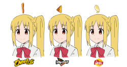 Rule 34 | 1girl, blonde hair, bocchi the rock!, bow, censored, cheetos, chips (food), doritos, food, highres, ijichi nijika, lay&#039;s (potato chips), long hair, mosaic censoring, potato chips, red bow, red eyes, shirt, side ponytail, sidelocks, simple background, smile, solo, tenten (chan4545), upper body, variations, white background, white shirt